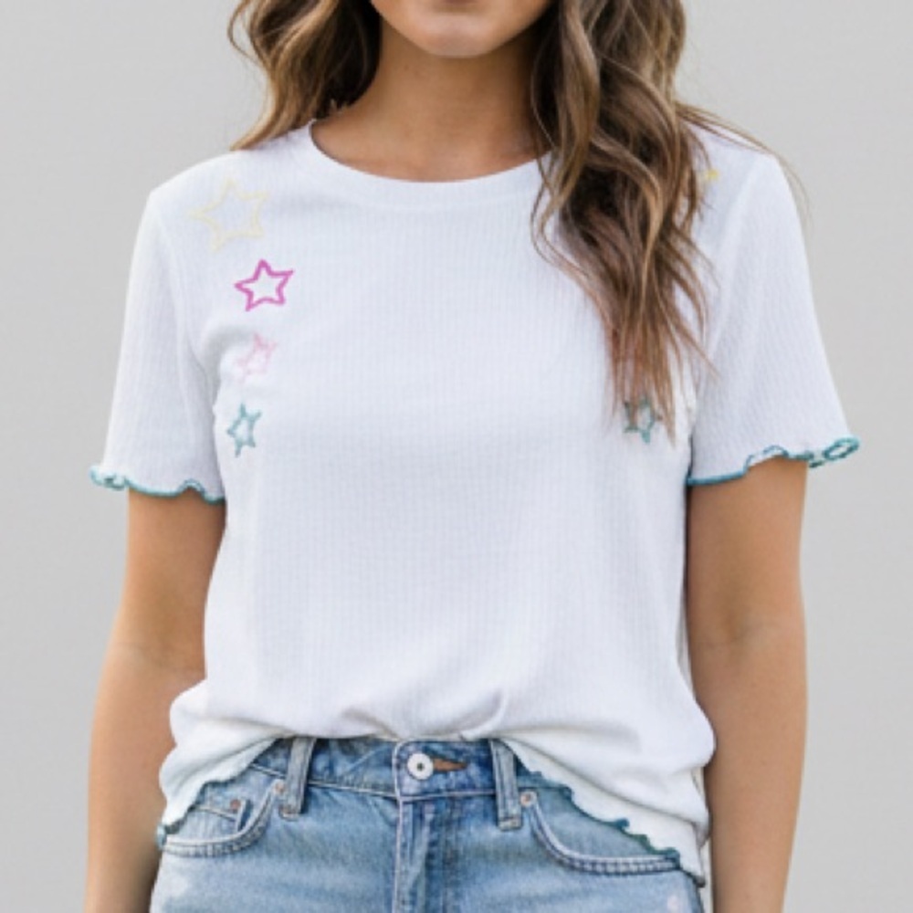 𝅺NORDSTROM embroidered lettuce trim Star Shirt top XSMALL Short Sleeve White